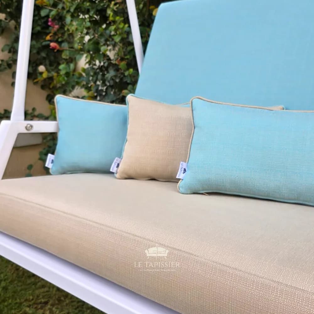 Coussins extérieur sur mesure bleu beige tissu imperméable Coussins extérieur sur mesure bleu beige tissu imperméable